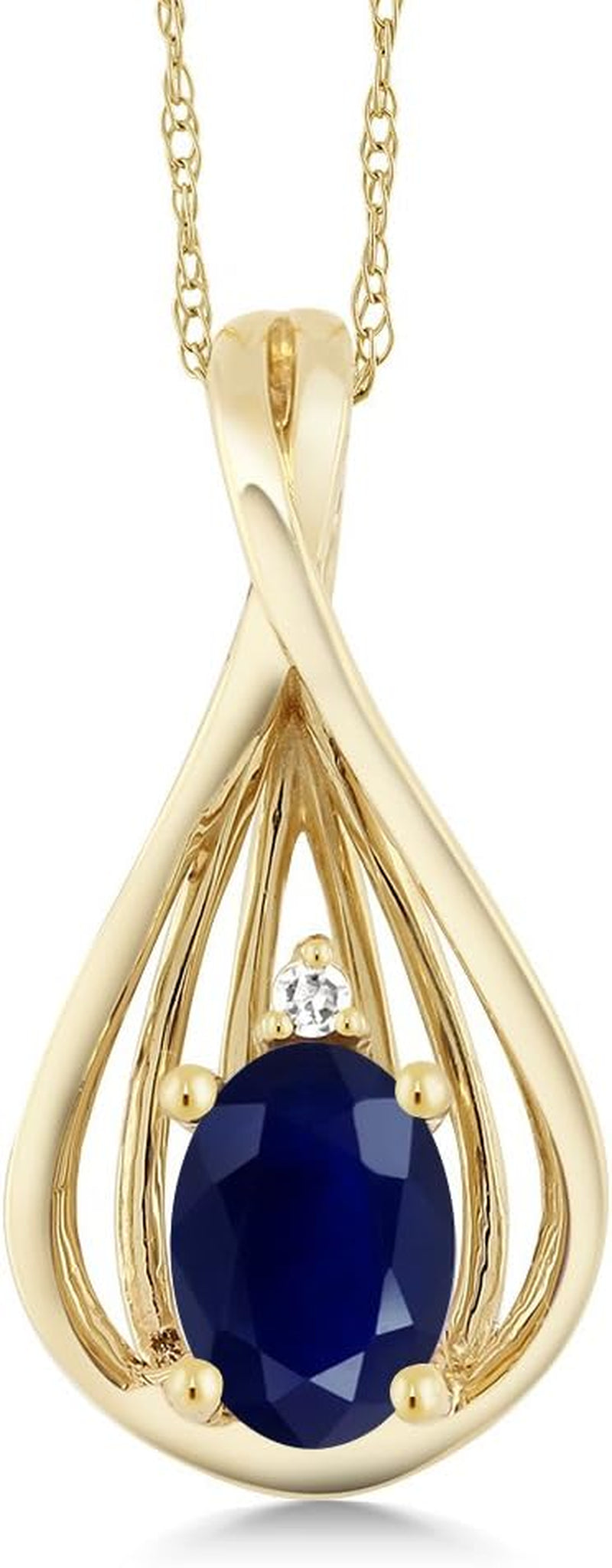 10K Yellow Gold Blue Sapphire and White Diamond Teardrop Pendant Necklace for Women (0.55 Cttw, Gemstone September Birthstone, Oval 6X4MM, with 18 Inch Chain)