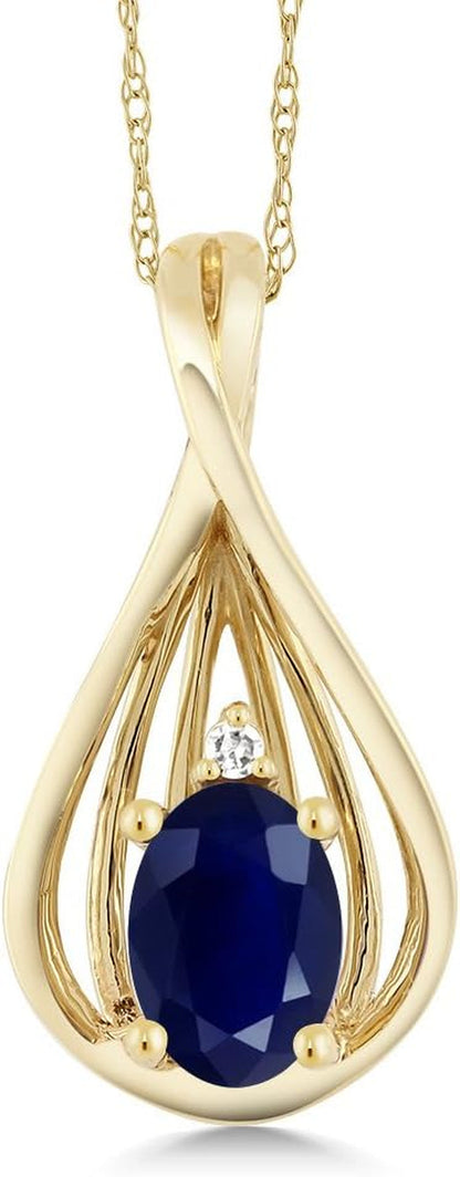10K Yellow Gold Blue Sapphire and White Diamond Teardrop Pendant Necklace for Women (0.55 Cttw, Gemstone September Birthstone, Oval 6X4MM, with 18 Inch Chain)