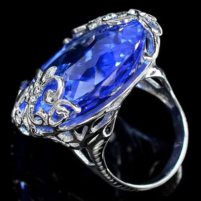Beautiful Big Blue Sapphire Gemstones 925 Sterling Silver Wedding Engagement Ring