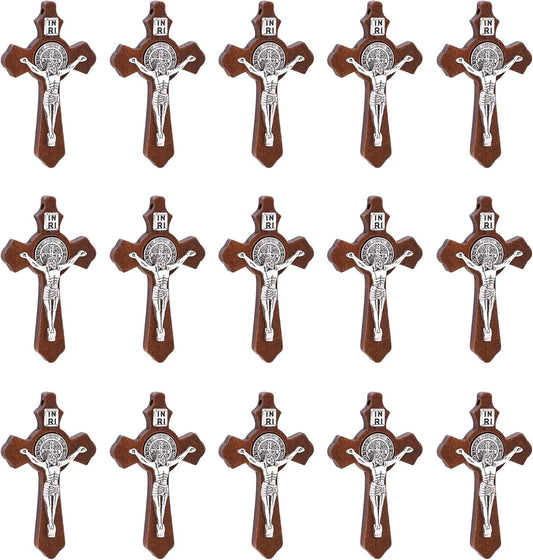 10Pcs Catholic Religious Jesus Wear I Handcrafted Inlay Alloy Wood Cross Crucifix Pendant Necklace Charm Jewelry Making Accessaries
