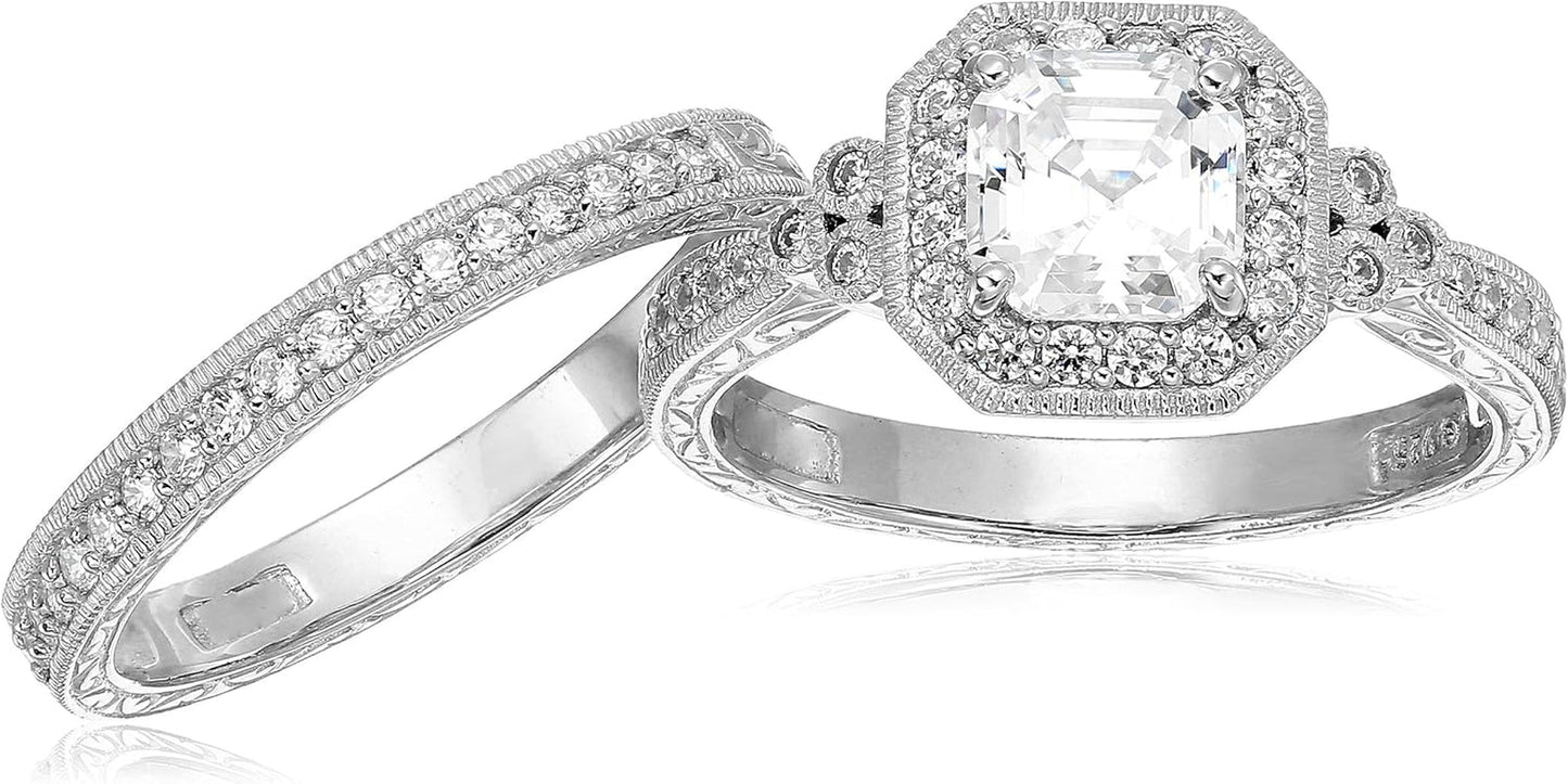 Platinum or Gold Plated Sterling Silver Antique Ring Set with Asscher-Cut Infinite Elements Cubic Zirconia (Previously Amazon Collection)