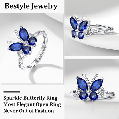 Sterling Silver Birthstone Rings for Women, Dainty Butterfly Stackable Ring Adjustable Ideal Valentine'S Gifts for Her
