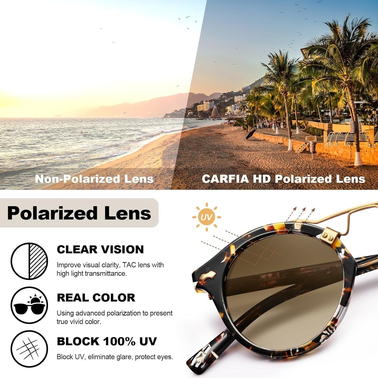Small Face Acetate Polarized Sunglasses for Women UV Protection, Retro Double Bridge Eyewears Metal Brow round Sunnies