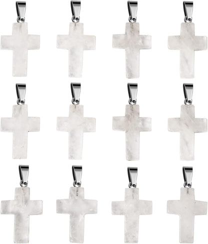 12PCS Natural Stone Cross Pendant, Healing Crystal Quartz Chakra Reiki Gemstone Pendants Charms Bulk for DIY Necklace Jewelry Making