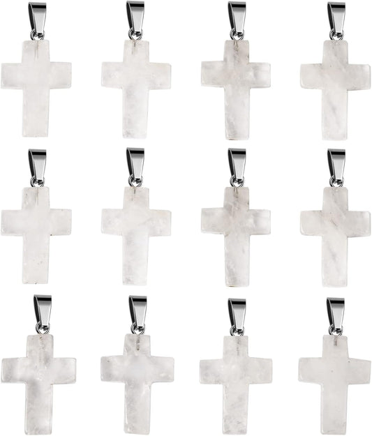 12PCS Natural Stone Cross Pendant, Healing Crystal Quartz Chakra Reiki Gemstone Pendants Charms Bulk for DIY Necklace Jewelry Making