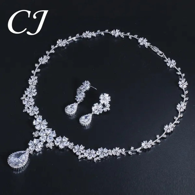 CANDICE High Quality Platinum Plating Wedding Party Costume Luxury CZ Stone Jewelry Flower Pendant Earrings Necklace Bridal Sets With Tear Drop Zirconia