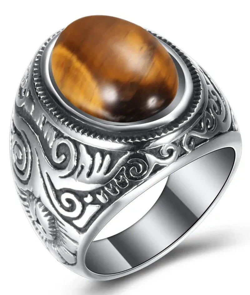 Vintage Men's Gemstone Ring Stainless Steel Single Turquoise Agate Tiger Eye Stone Rings Jewelry Gift for Men Women Boyfriend Girlfriend