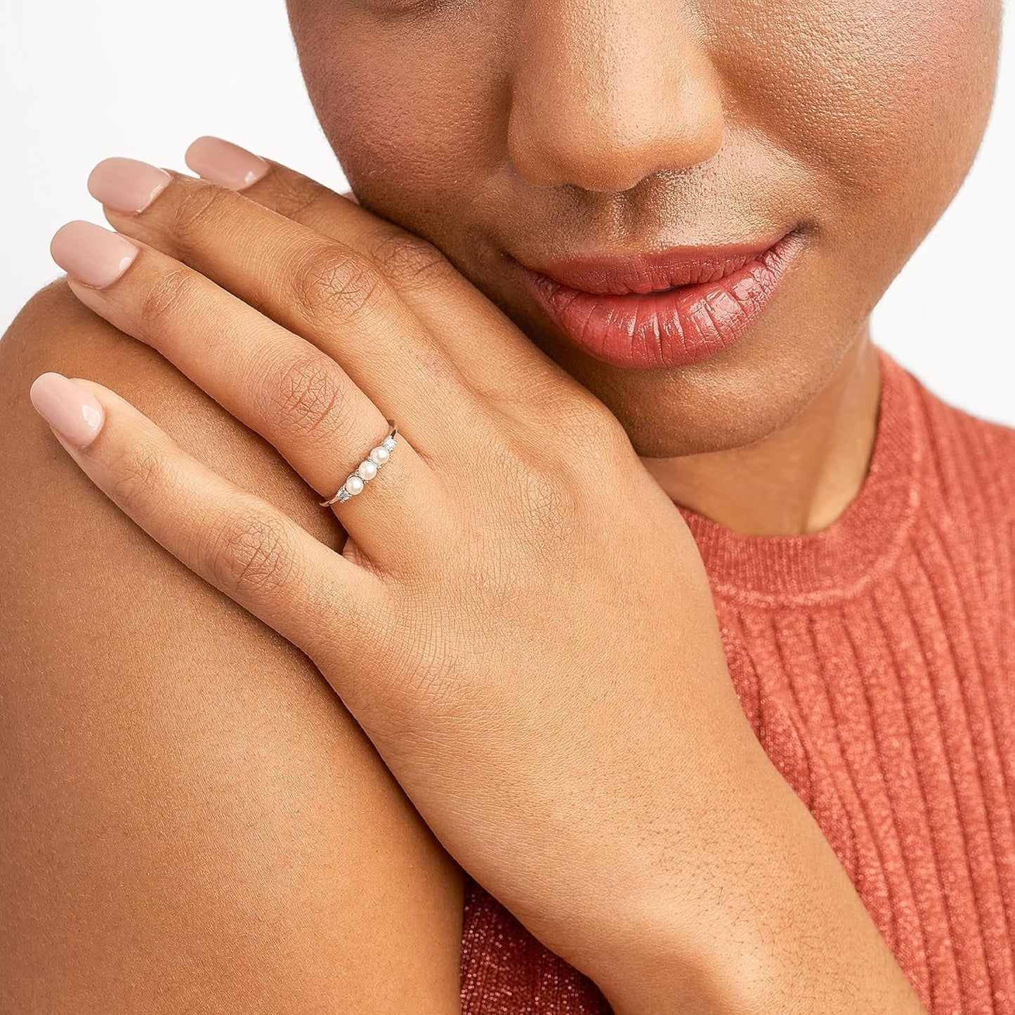 Rhodium Plated Sterling Silver Freshwater Cultured Pearl and Cubic Zirconia Ring for Women