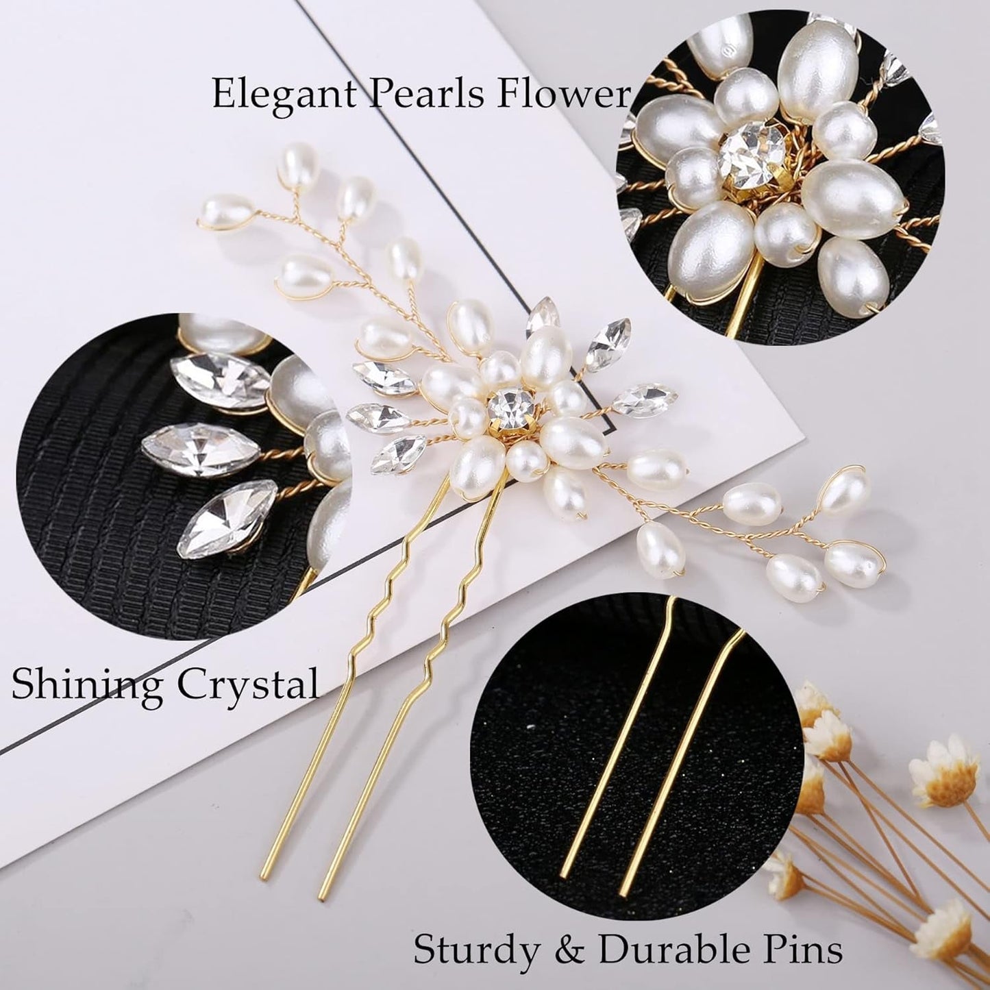 Hair Comb and 4 Pins Bridal Hair Accessories, Pearl Crystal Rhinestone Wedding Hair Comb and Hair Pins for Brides Bridesmaids Women Girls (Gold, 5 Pieces)