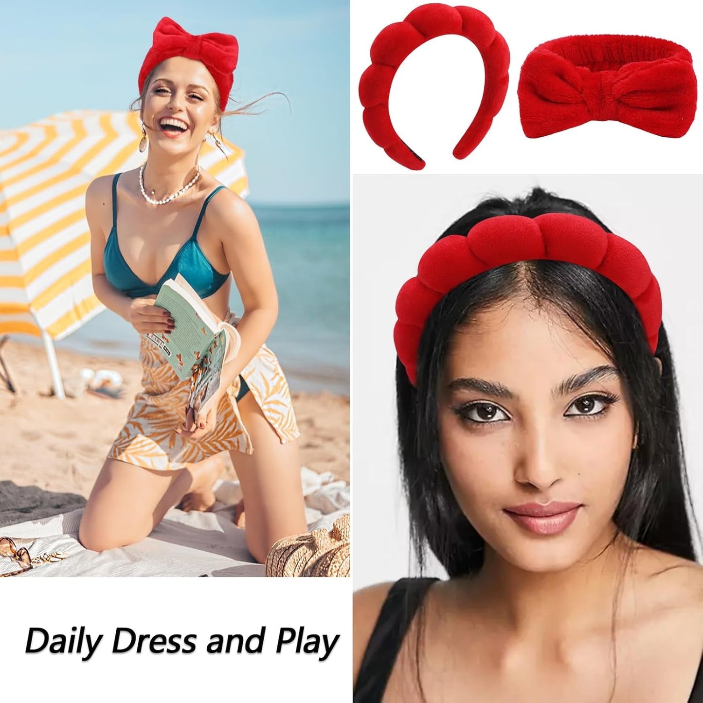 6 Pack Hairband, Makeup Headband, Face Wash Headband, Skincare Headbands, Red Microfiber Hair Band with Bow Tie Spa Headband for Washing Face Wristband Set Hair Accessories for Women