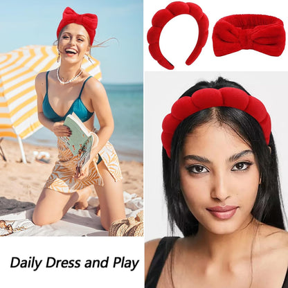 6 Pack Hairband, Makeup Headband, Face Wash Headband, Skincare Headbands, Red Microfiber Hair Band with Bow Tie Spa Headband for Washing Face Wristband Set Hair Accessories for Women