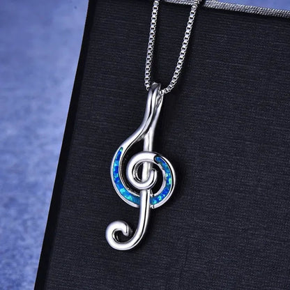 925 Sterling Silver White Blue Fire Opal Music Note Pendant Necklaces for Women Christmas Gifts Jewelry