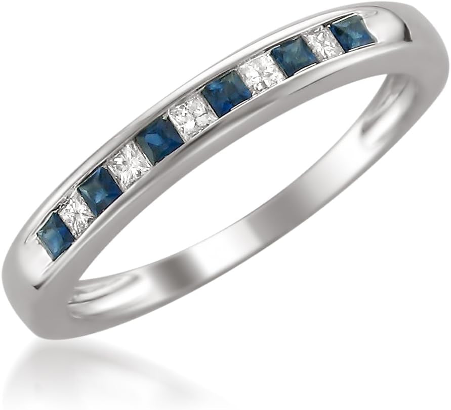 1/3 Carat Diamond, Channel-Set 14K White Gold Princess Cut Diamond and Blue Sapphire Wedding Band Ring (H-I, I1-I2) Natural Diamond Wedding Band for Women | Gift Box Included - WORLD TIME VISITS