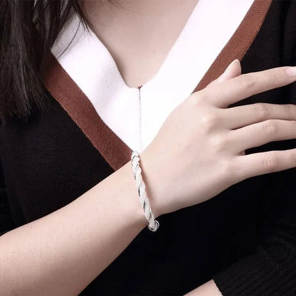 Fashion 925 Sterling Silver Cable Wire Twisted Cuff Bangle Bracelets Set for Women
