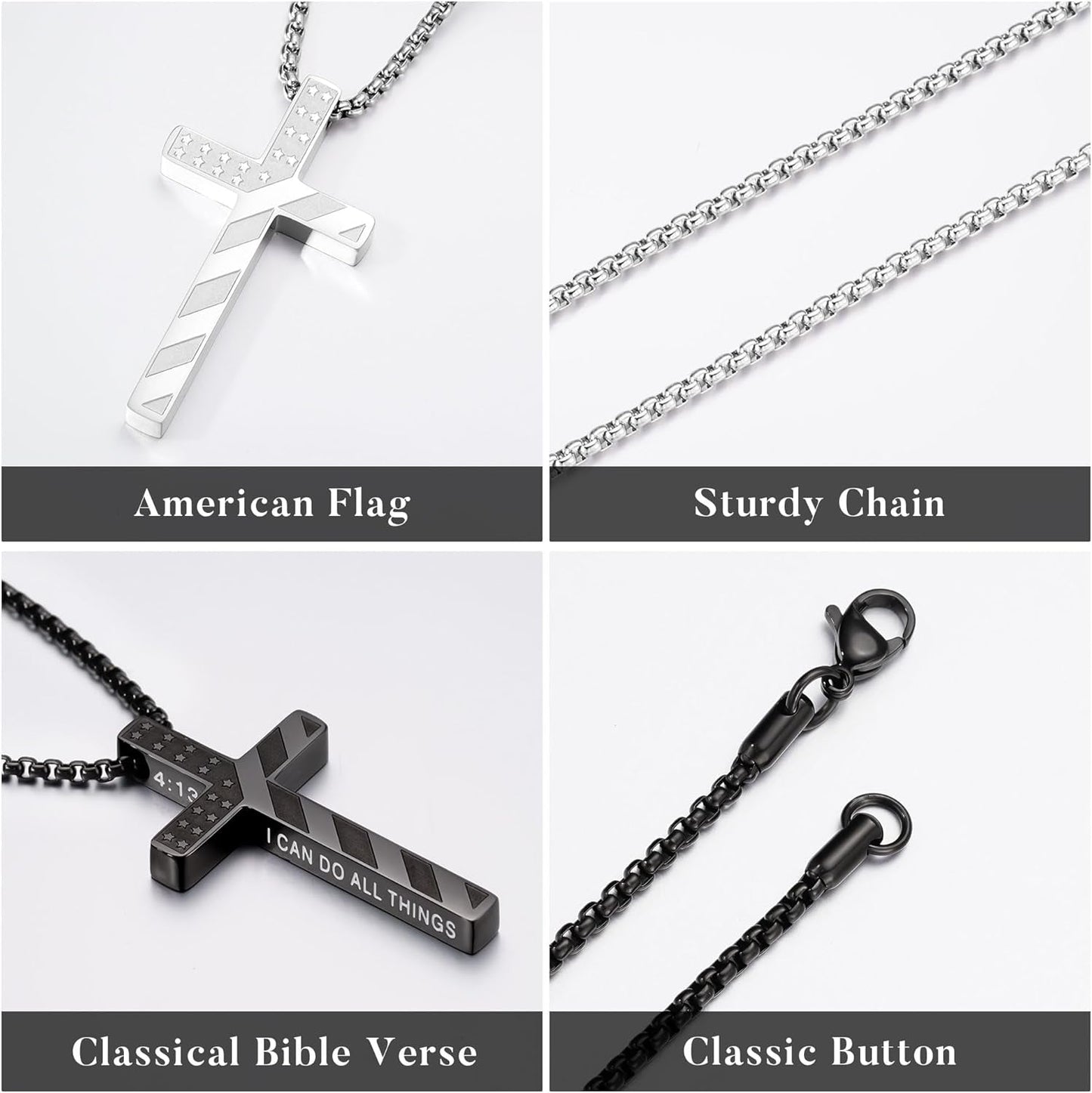 Valentines Day Gifts for Him Men Boys 2 Pcs Cross Necklace - Silver Black Stainless Steel Bible Verse Cross Chain Pendant Necklace for Men Christian First Communion Jewelry Gift 18-24 Inches