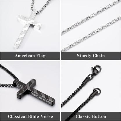 Valentines Day Gifts for Him Men Boys 2 Pcs Cross Necklace - Silver Black Stainless Steel Bible Verse Cross Chain Pendant Necklace for Men Christian First Communion Jewelry Gift 18-24 Inches