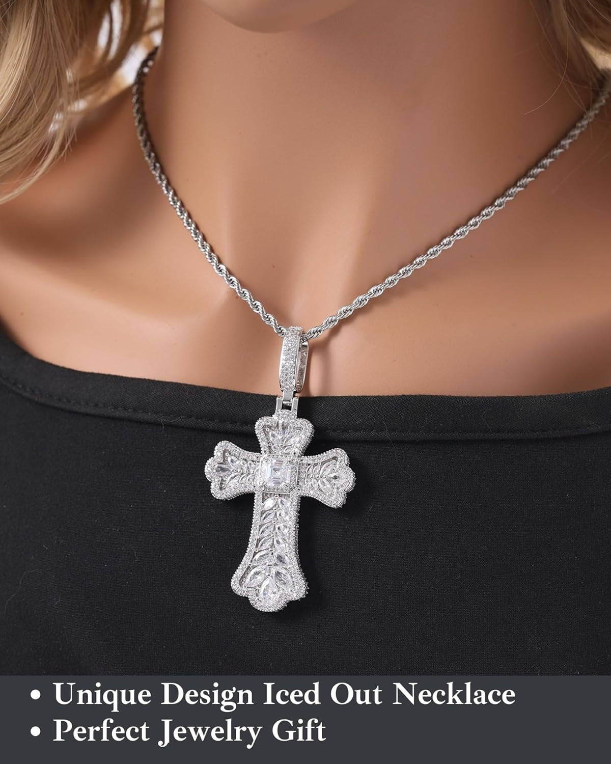 Gothic Colorful Iced Out Cross Pendant with 20" Stainless Steel Rope Chain, Heavyweight Oversized Design, 14K Gold Plated, 5A CZ Stones, Hip-Hop Religious Jewelry for Men & Women