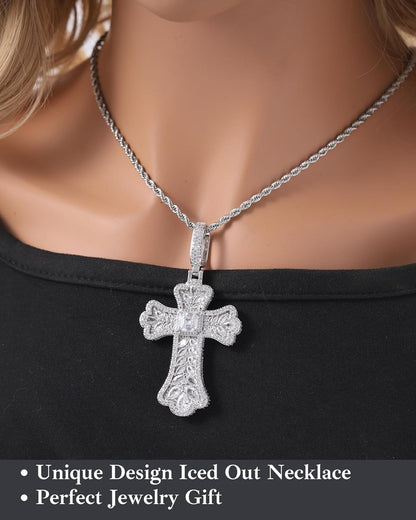 Gothic Colorful Iced Out Cross Pendant with 20" Stainless Steel Rope Chain, Heavyweight Oversized Design, 14K Gold Plated, 5A CZ Stones, Hip-Hop Religious Jewelry for Men & Women