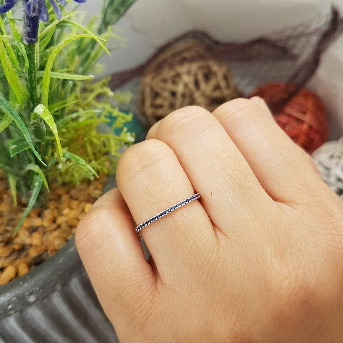 0.08 Cttw 10K round Blue Sapphire Womens Dainty Anniversary Wedding Stackable Ring, Solid White Gold