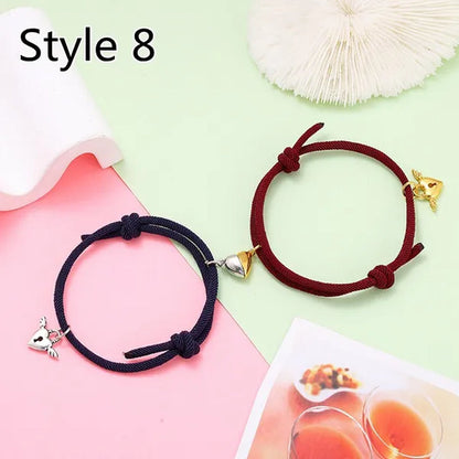 2Pcs Magnetic Bracelet Stainless Steel Heart Pendant Charm Couple Bracelets for Lover Friend Men Women Braid Rope Bracelets