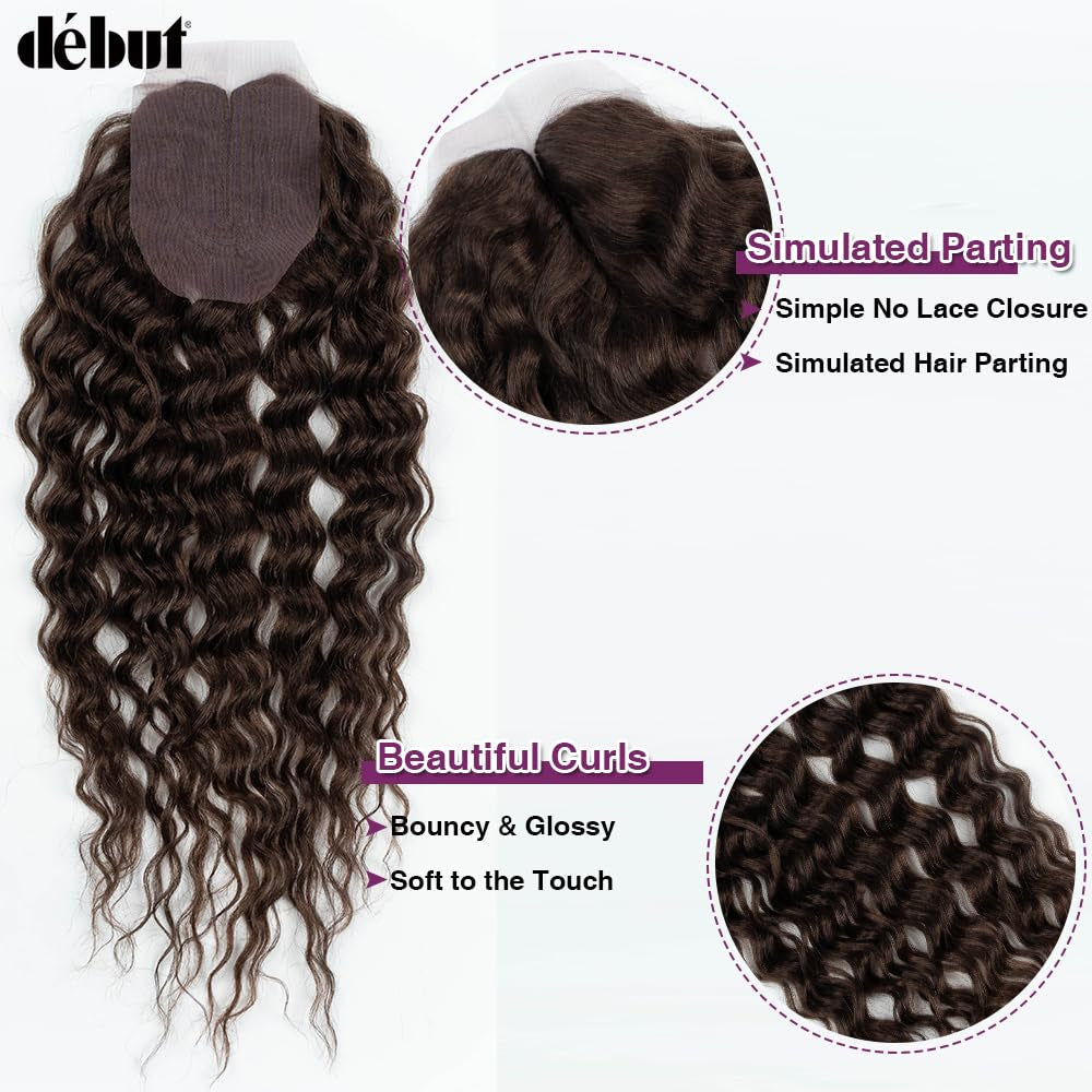 Synthetic Hair 8 Bundles with Simple Closure Water Wave High Temperature Fiber Wavy Hair Weave 9PCS 20 Inches 240G Brown