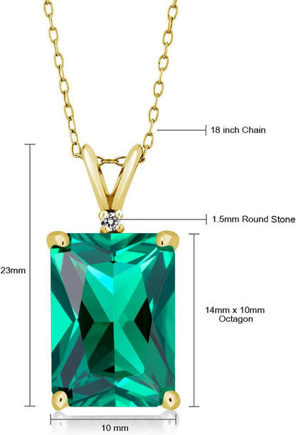 18K Yellow Gold Plated Silver Green Nano Emerald and White Diamond Pendant Necklace for Women (6.52 Cttw, Gemstone May Birthstone, Emerald Cut 14X10MM, with 18 Inch Silver Chain)