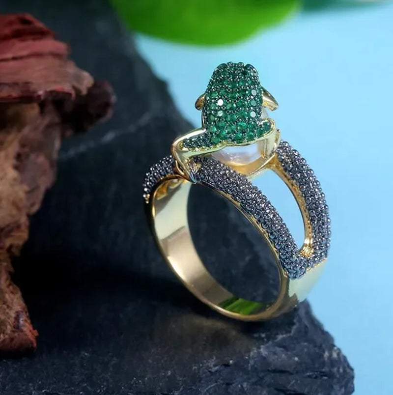 Genuine Women's Ring 9.68CT Tsavorite Rich Frog Pearl Wealth Rings Black Sapphire Jewelry Golden Wedding Band Size 6 - 10