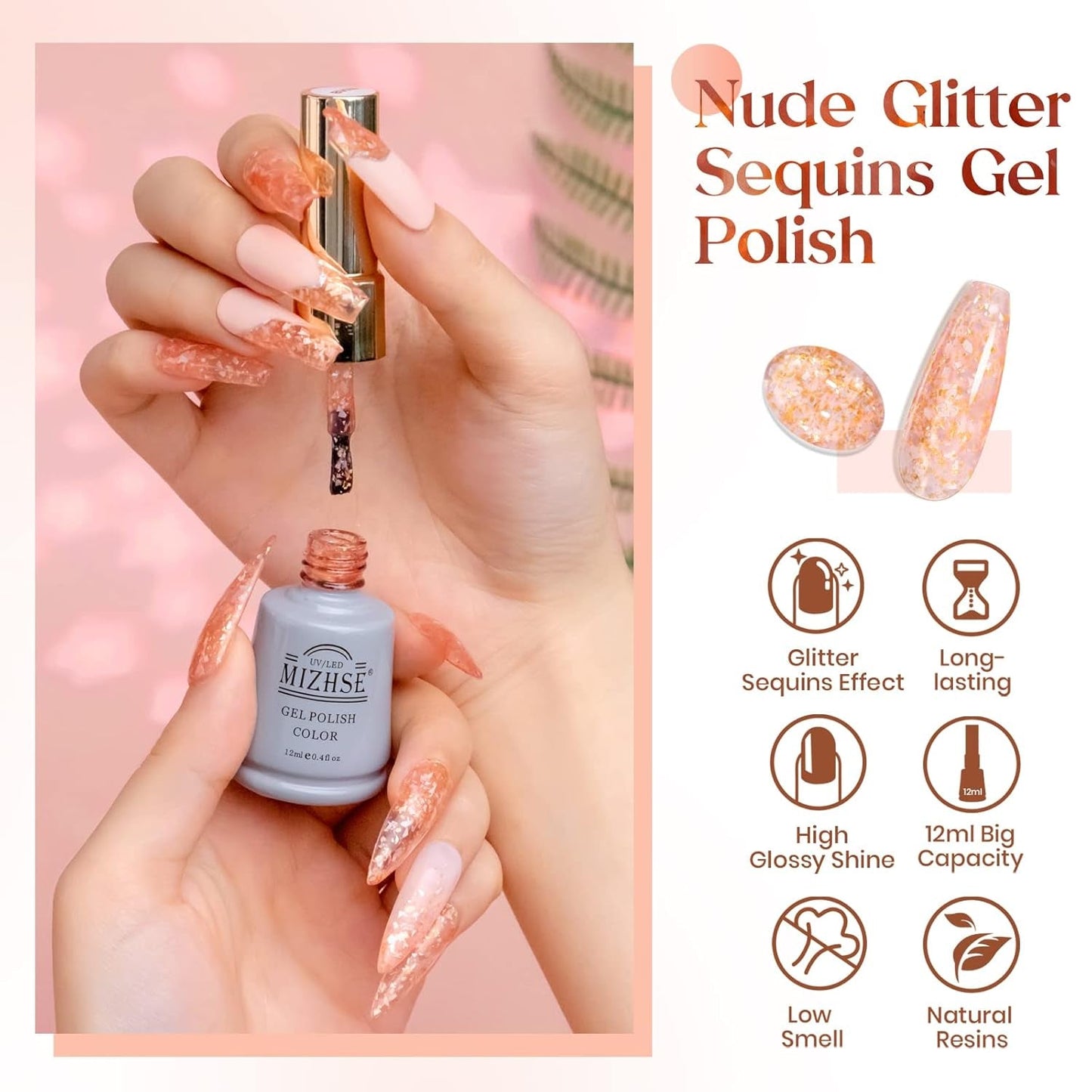 Nude Jelly Glitter Gel Nail Polish Sheer Translucent Shimmer Sparkle Natural Soak off UV LED Gel Polish for Nail Salon Art Home Manicure Single Bottle 12Ml 0.4 Floz