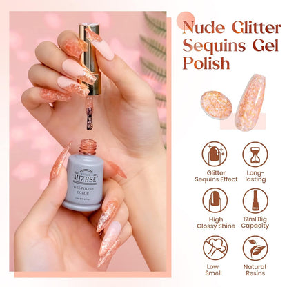Nude Jelly Glitter Gel Nail Polish Sheer Translucent Shimmer Sparkle Natural Soak off UV LED Gel Polish for Nail Salon Art Home Manicure Single Bottle 12Ml 0.4 Floz