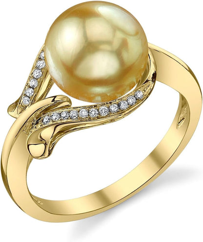 14K Gold 9-10Mm round Genuine Golden South Sea Cultured Pearl & Diamond Willow Ring for Women