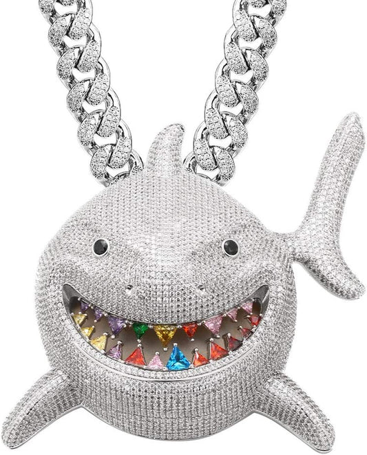 Hip Hop Jewelry 18K Gold Plated 3D Large Shark Pendant Iced Out Premium Zircon Fish Animal Creative Necklace with Free Rope Chain