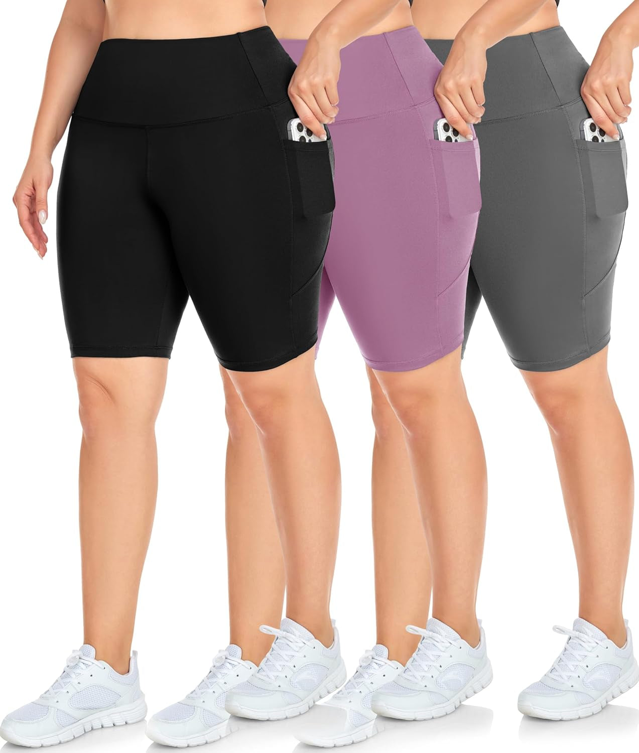 3 Pack plus Size Biker Shorts with Pockets for Women-High Waisted 8" Yoga Pants Workout Shorts - WORLD TIME VISITS