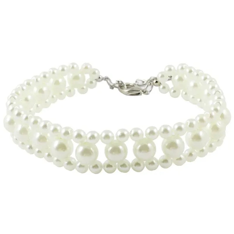 Three Rows Pearl Linked Beads Pet Dog Heart Pendant Puppy Collar Necklace S/M/L Size
