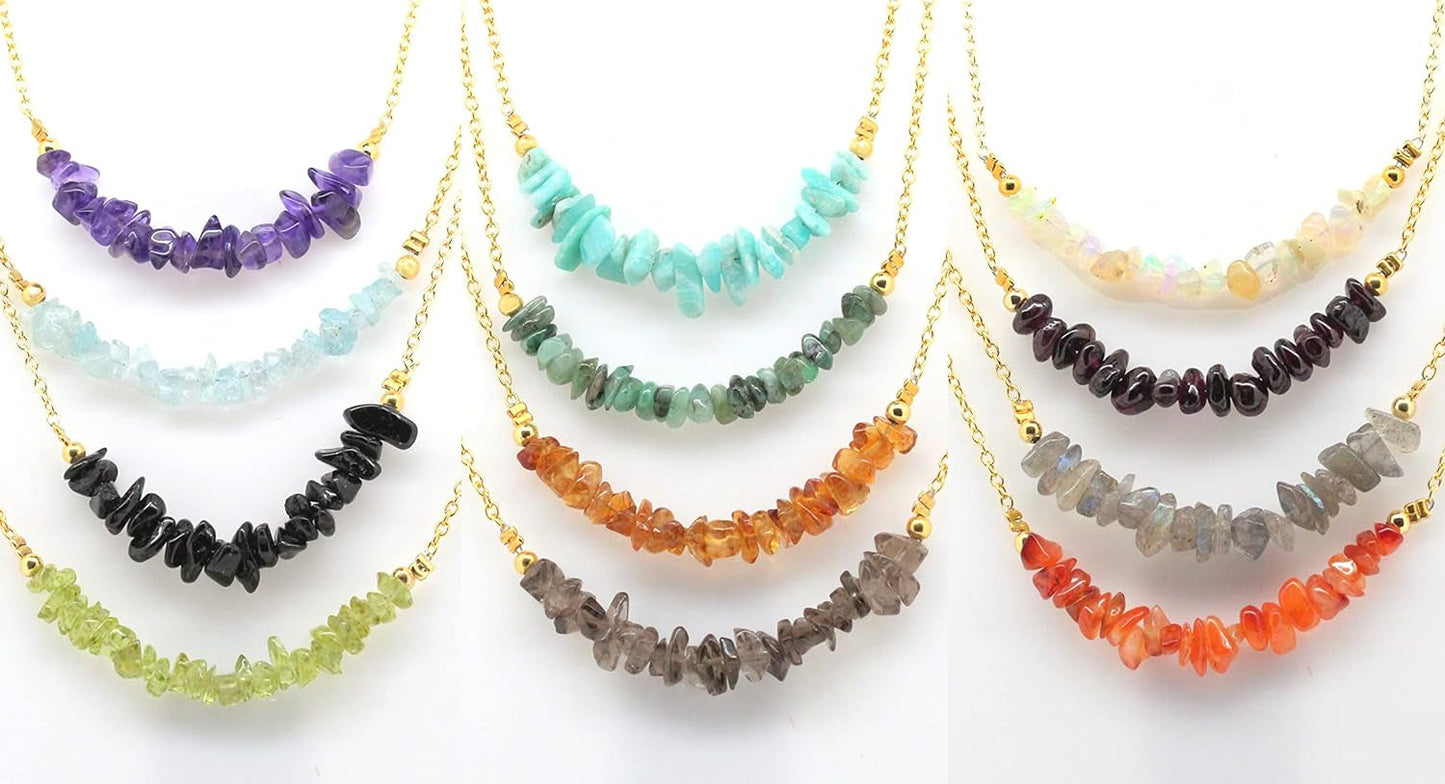 Gempires Peridot Chips Bar Necklace, Peridot Nugget Healing Crystals 3-5 Mm, August Birthstone Jewelry for Women, 18 Inches Adjustable Gold Plated Chain