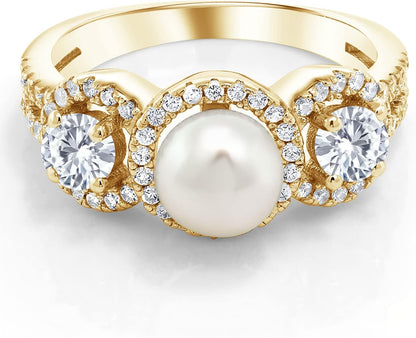 18K Yellow Gold Plated Silver Cultured Freshwater Pearl Ring Set with Moissanite | 1.26 Cttw | Gemstone Birthstone | Available in Size 5, 6, 7, 8, 9