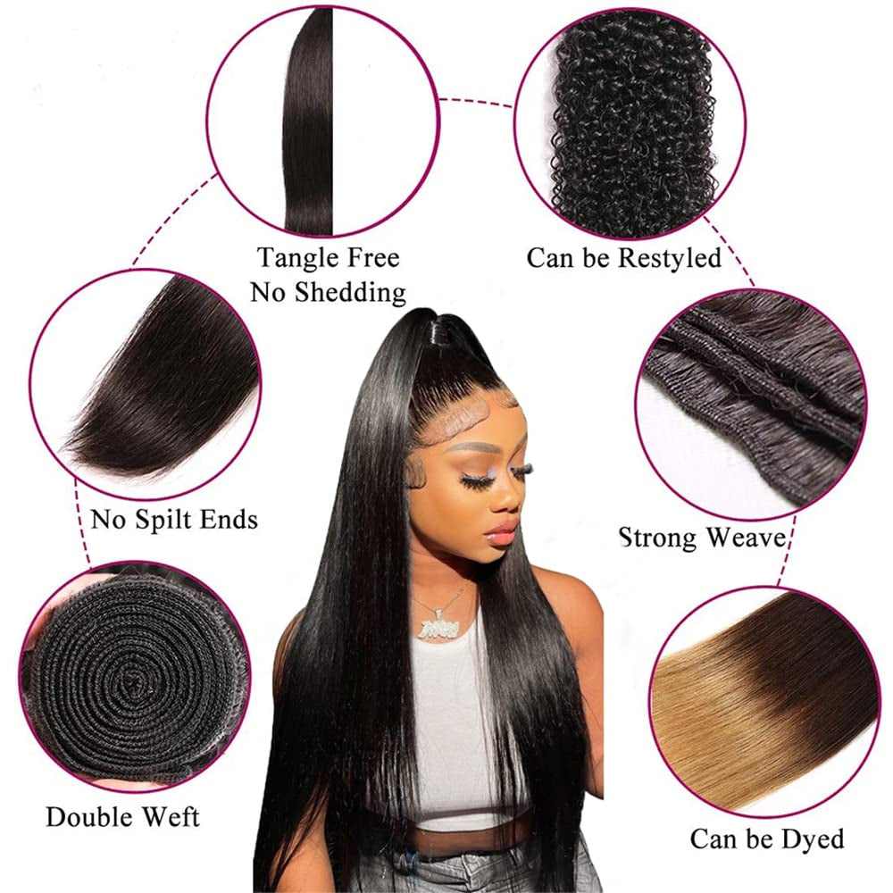Straight Bundles with Closure Human Hair 10 12 14+10 Brazilian Human Hair Bundles with Closure Straight 100% Unprocessed Virgin Weave Hair Bundles with Closure 10A Bundles Human Hair with Lace Closure