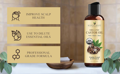 Organic Castor Oil - 4 Fl Oz - 100% Pure and Natural - Premium Grade Carrier Oil for Hair Growth, Eyelashes and Eyebrows - Hair and Body - Expeller-Pressed & Hexane-Free