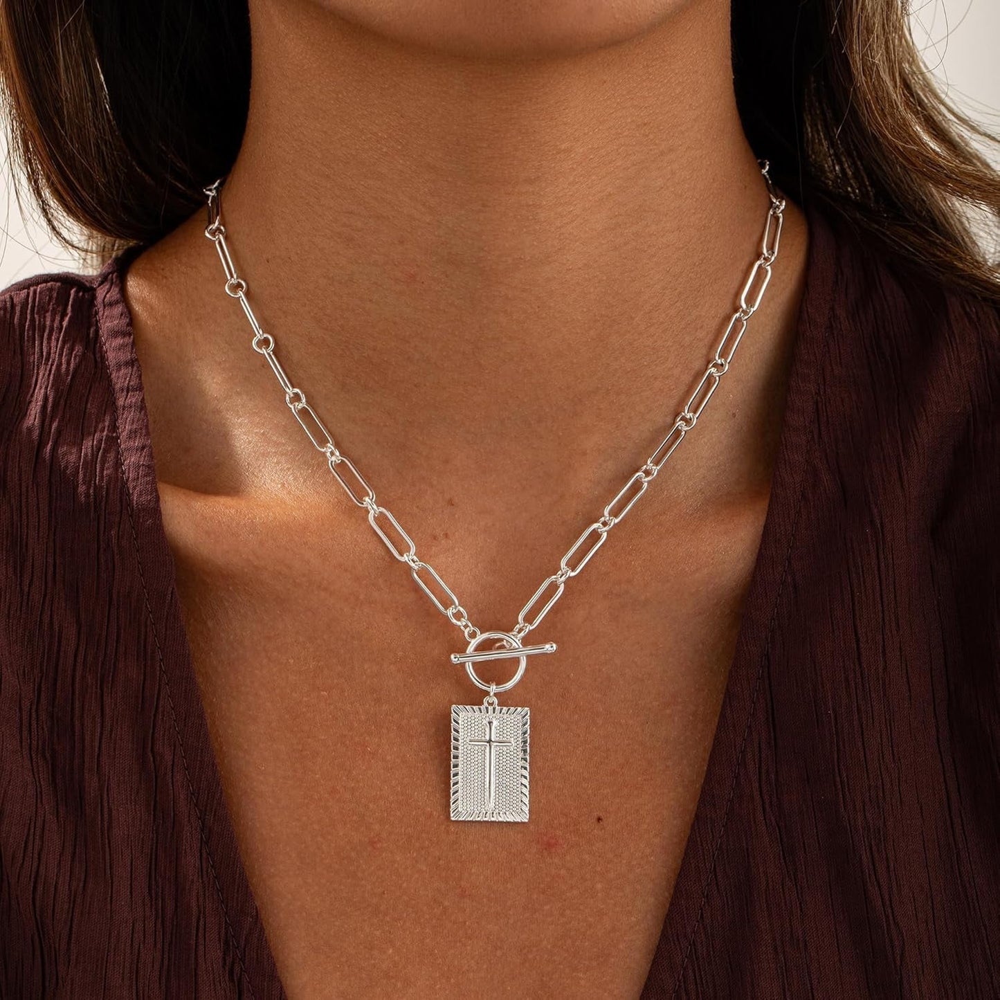 14K Gold Plated/Silver Plated Cross Necklace for Women Trendy Chunky Cross Pendant Necklace Toggle Clasp Paperclip Box Chain Charm Necklaces for Women Jewelry Gift Christian Religious Baptism