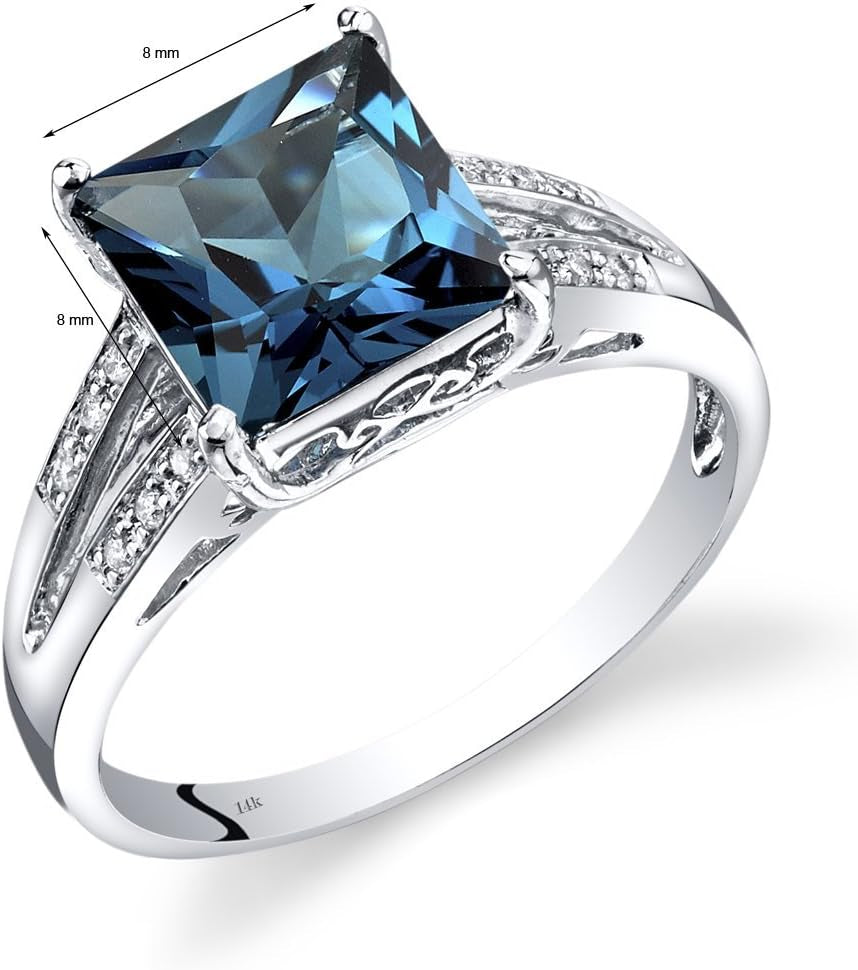 14K White Gold London Blue Topaz and Diamond Ring for Women, 3 Carats Princess Cut 8Mm, Elegant Cathedral Design, Natural Gemstone, Size 7, December Birthstone Ring,