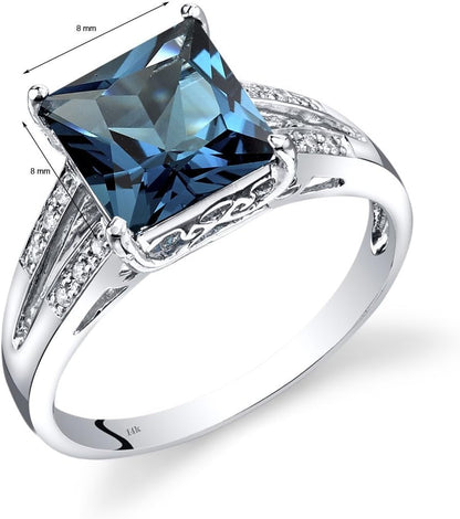 14K White Gold London Blue Topaz and Diamond Ring for Women, 3 Carats Princess Cut 8Mm, Elegant Cathedral Design, Natural Gemstone, Size 7, December Birthstone Ring,