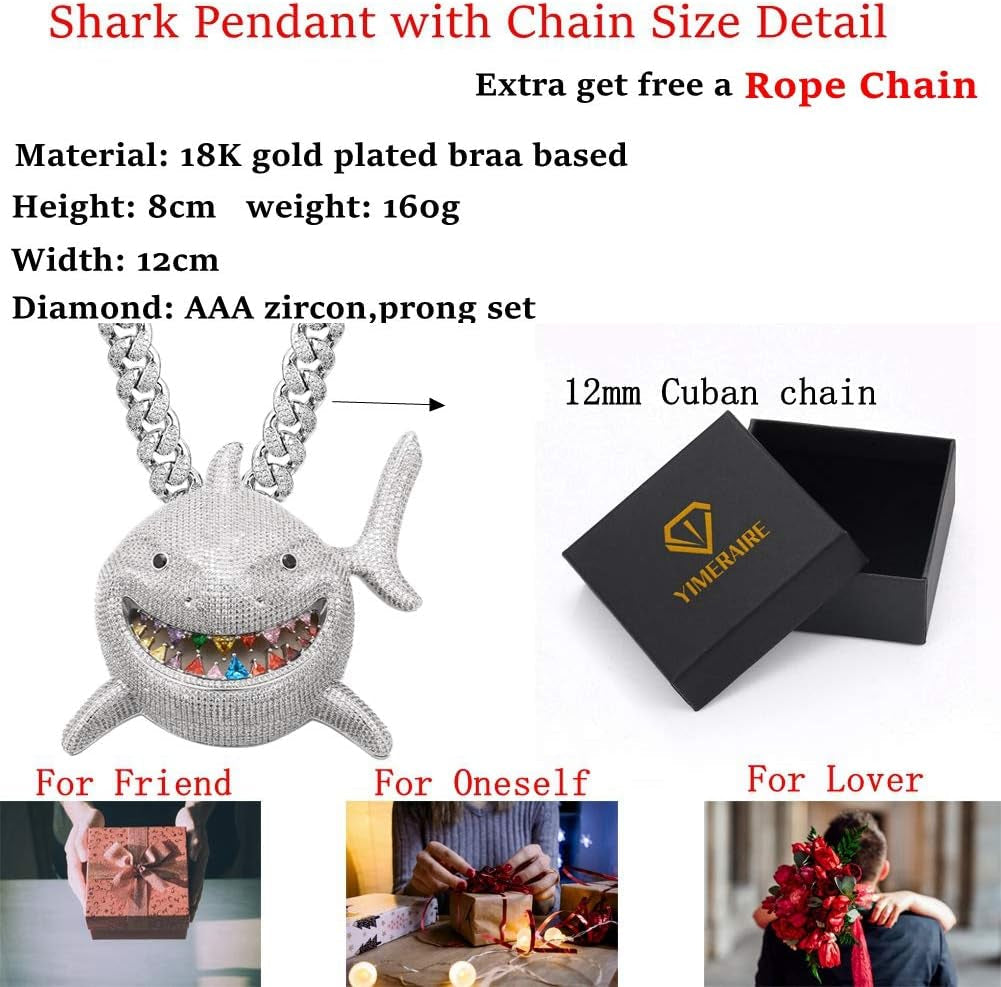 Hip Hop Jewelry 18K Gold Plated 3D Large Shark Pendant Iced Out Premium Zircon Fish Animal Creative Necklace with Free Rope Chain