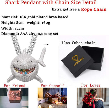 Hip Hop Jewelry 18K Gold Plated 3D Large Shark Pendant Iced Out Premium Zircon Fish Animal Creative Necklace with Free Rope Chain