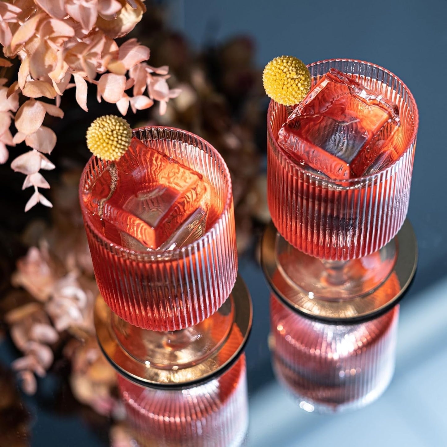 Vintage Art Deco Ribbed Goblet Cocktail Glasses with Stem | Set of 4 | 10 Oz Short Stemmed Crystal Tumblers for Drinking Classic Whiskey, Gin, Vodka Bar Drinks - WORLD TIME VISITS