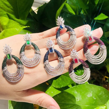 CANDICE Luxury Jewelry Setting Blue Cubic Zircon Silver Plated Statement Trendy Hollow Carved Earrings for Women Brincos