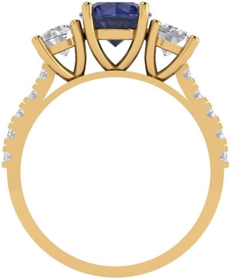 2 Ct round Cut Solitaire 3 Stone Genuine Simulated Blue Sapphire Engagement Promise Anniversary Bridal Ring 18K Yellow Gold