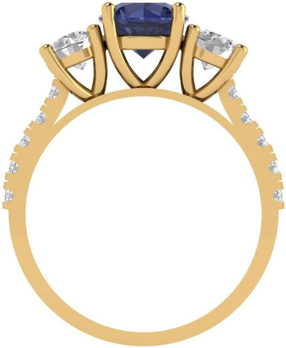 2 Ct round Cut Solitaire 3 Stone Genuine Simulated Blue Sapphire Engagement Promise Anniversary Bridal Ring 18K Yellow Gold