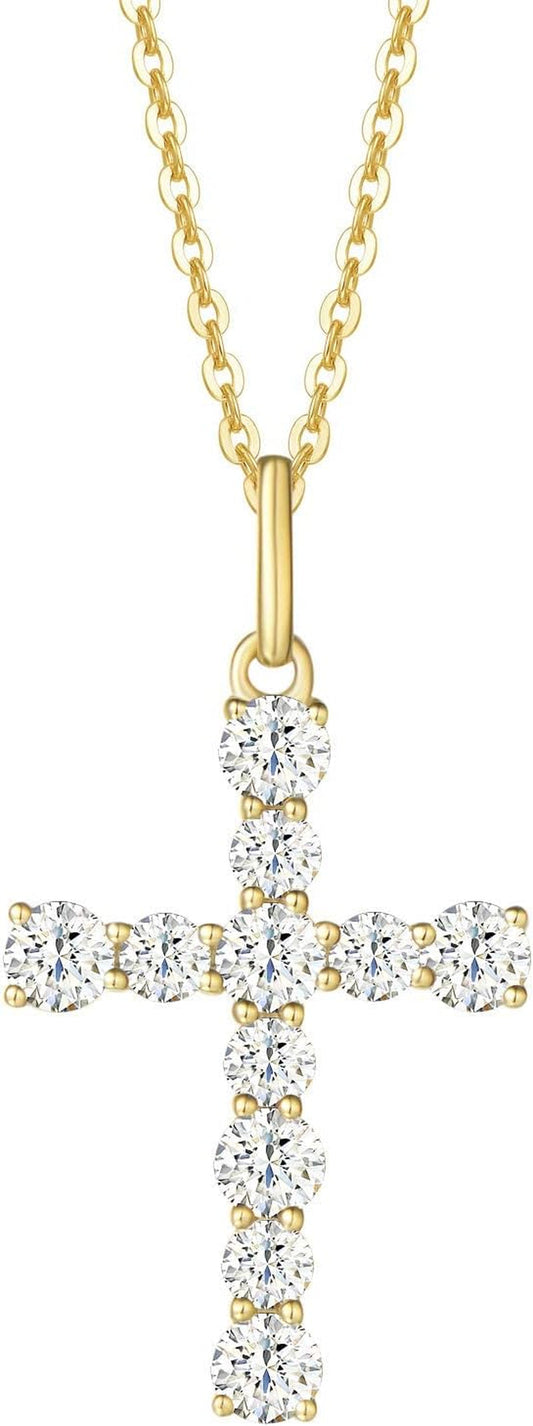 9K Solid Gold Cute Dainty Cross Pendant Necklace with White Sapphire Gemstone Fine Delicate Jewelry Mothers Day Gifts for Women, Moms - WORLD TIME VISITS