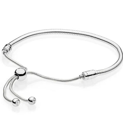 NEW Fashion 925 Sterling Silver Adjustable Size Flashing sided Heart Snake Chain Bracelet For European Bangle Bracelet Jewelery Making DIY