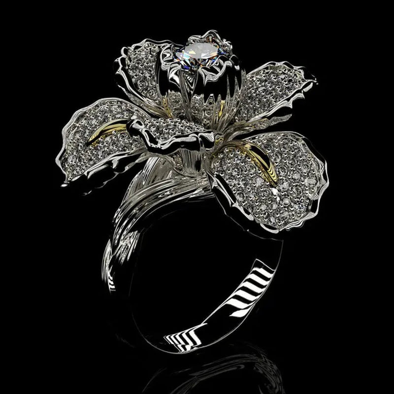 Silver Ring Iris Flower Two Tone Ring Blue Sapphire Flower Engagement Cocktail Ring Statement Crown Ring Natural Gemstones Ring Wedding Bride Engagement Band Charm Party Ring Jewelry - WORLD TIME VISITS