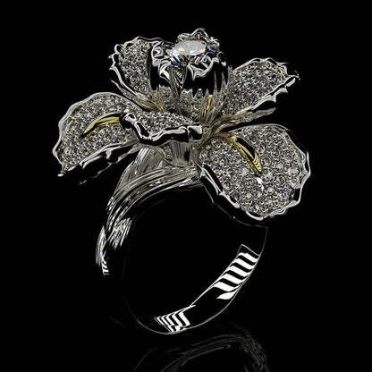 Silver Ring Iris Flower Two Tone Ring Blue Sapphire Flower Engagement Cocktail Ring Statement Crown Ring Natural Gemstones Ring Wedding Bride Engagement Band Charm Party Ring Jewelry - WORLD TIME VISITS